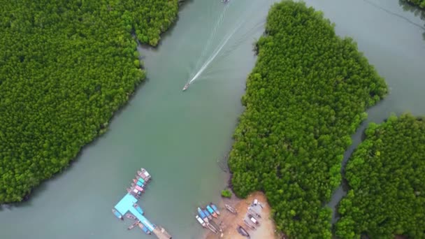 Aerial View Thai Traditional Longtail Fishing Boats Pier Phang Nga — Wideo stockowe