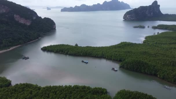 Aerial View Phang Nga Bay Surrounded Limestone Mountains Fertile Mangrove — Stockvideo