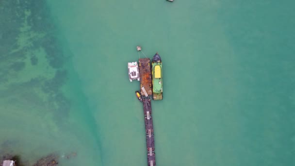 Aerial View Drone Commercial Ship Moored Marina Transportation Travel Background — Vídeos de Stock