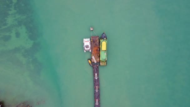 Aerial View Drone Commercial Ship Moored Marina Transportation Travel Background — Wideo stockowe