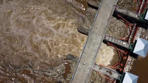 Aerial View Water Released Drainage Channel Concrete Dam Way Overflowing — Stock Video