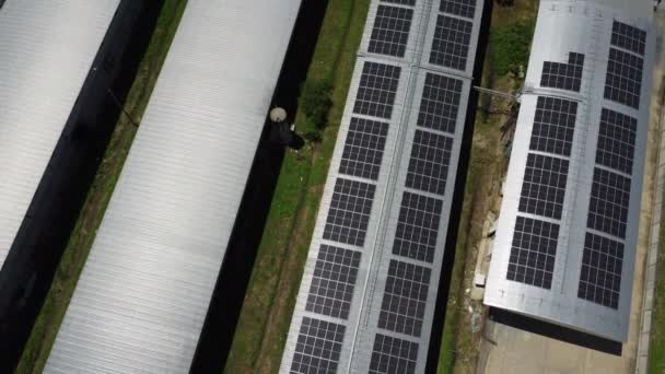 Aerial View Solar Panels Installed Roof Large Industrial Building Warehouse — 비디오