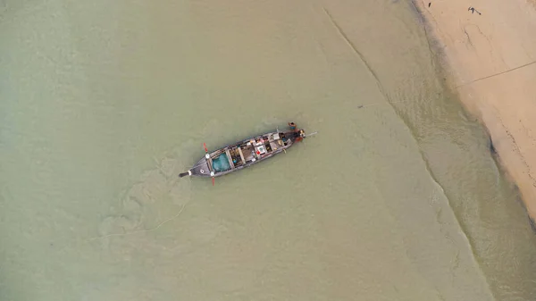 Aerial View Drones Fishing Boats Shore Low Tide Top View — Stock Photo, Image