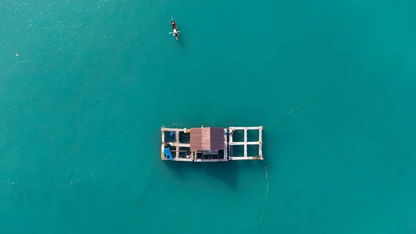 Aerial View Fish Cages Small Fishing Boat Floating Tropical Sea — Fotografia de Stock