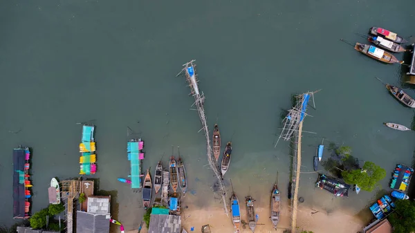 Aerial View Drone Pier Tropical Sea Lot Thai Traditional Longtail — Stock fotografie