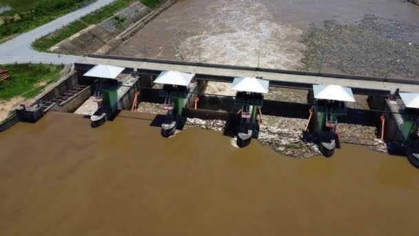 Aerial View Water Released Drainage Channel Concrete Dam Way Overflowing — Video