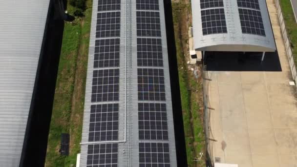 Aerial View Solar Panels Installed Roof Large Industrial Building Warehouse — Stock Video