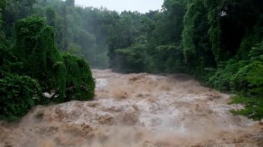 Orman dağlarında şelale kataraktı. Tayland 'da sağanak yağışlardan sonra dağ ormanlarının yamaçlarından kirli akarsular akıyor. Nehir taşkını, seçici odak.