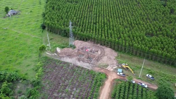 Aerial View Excavators Working Foundations High Voltage Pylons Legs High — Stock Video