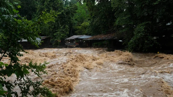 Waterfall cataract in forest mountains. Dirty streams are flowing down the mountain slopes of the mountain forest after heavy rains in Thailand. River flood, selective focus.