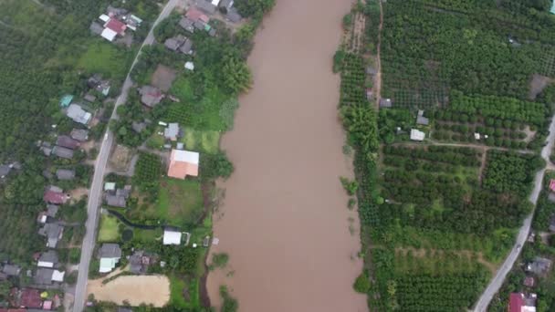 내리고 마을들의 침수된 흐르는 공중에서 수있었다 우기에 홍수가 농경지의 꼭대기에 — 비디오