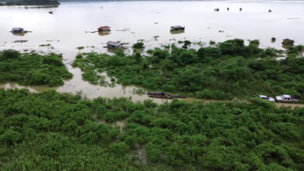 Aerial View Boats Houses Flooded Rural Thailand Top View River — Stock Video