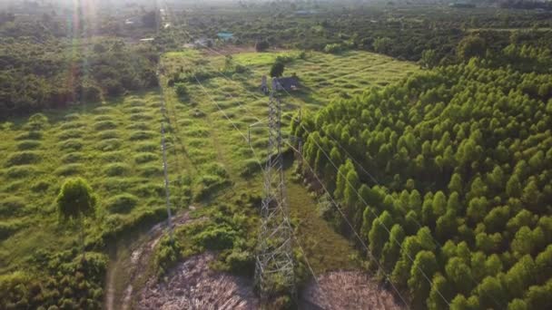 Letecký Pohled Staveniště Vysokonapěťových Pilonových Základů Venkově Horní Pohled Vysokonapěťové — Stock video