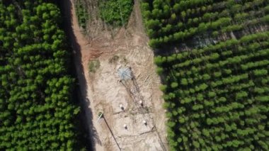 Kazıcıların hava görüntüsü, yüksek voltajlı direklerin temelleri ve yüksek voltajlı kutupların bacakları üzerinde çalışıyor. Ormandaki elektrik hatlarının en üst görüntüsü.