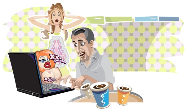 Housewife catches husband watching porno — Stock Vector