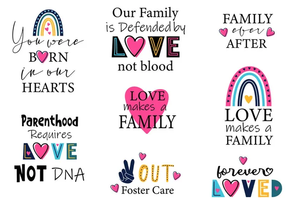 Adoptionskinder setzen mit Inspiration Zitate. Phrase über die Liebe innerhalb der Foster Family. Liebe statt DNA ist Defended Parenthood. Helle Schrift mit Regenbogen, Herz. — Stockvektor