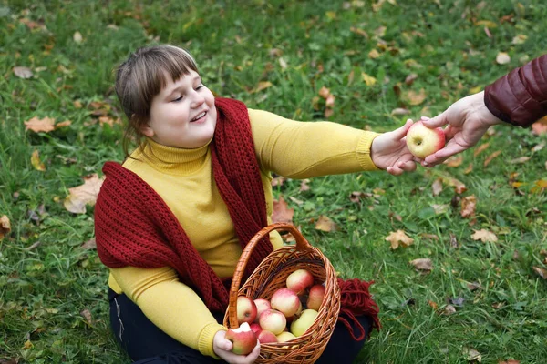 Kırmızı Eşarplı Obez Kız Çimenlerde Oturur Sonbaharda Elmalı Sepeti Tutar — Stok fotoğraf