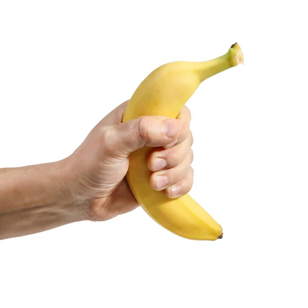 Gelbe Banane Der Hand Isoliert Auf Weißer Großaufnahme — Stockfoto