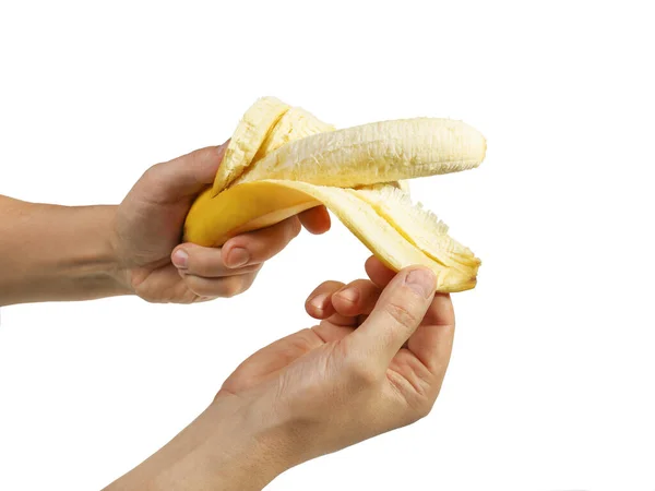 Hände Beim Bananenschälen Isoliert Auf Weißem Hintergrund Nahaufnahme — Stockfoto