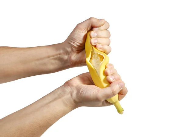 Hände Richten Banane Auf Dass Sie Beschädigt Ist Isoliert Auf — Stockfoto