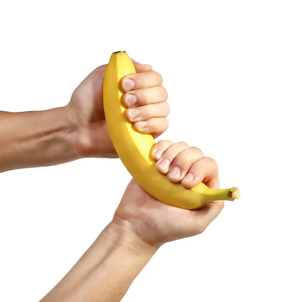Gul Banan Händerna Isolerad Vit Närbild Royaltyfria Stockfoton