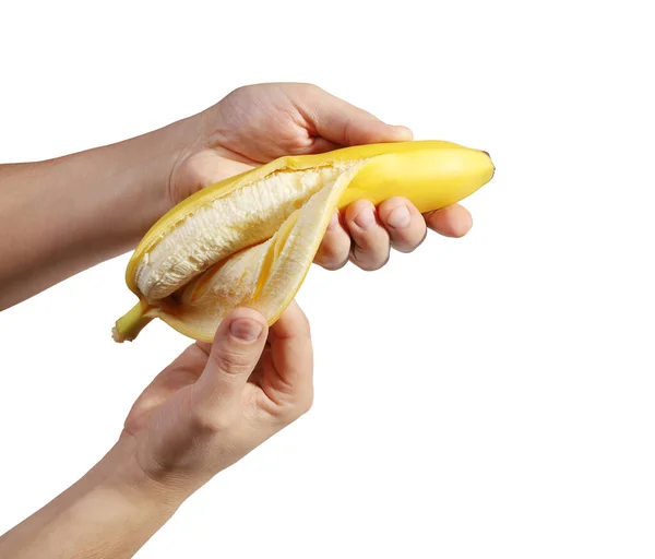 Hände Beim Bananenschälen Isoliert Auf Weißem Hintergrund Nahaufnahme — Stockfoto