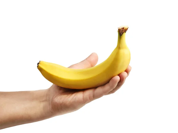 Gelbe Banane Der Hand Isoliert Auf Weißer Großaufnahme — Stockfoto