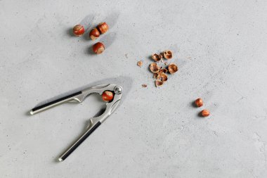 Kalıplı beton yüzeyi ceviz kabuğunu kırmak için kerpeten var ve fındık kabuğunun tamamı ve bölünmüş fındık, düz yatıyordu.