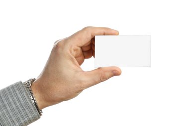 Hand of man holds business card mockup, isolated on white background, close-up