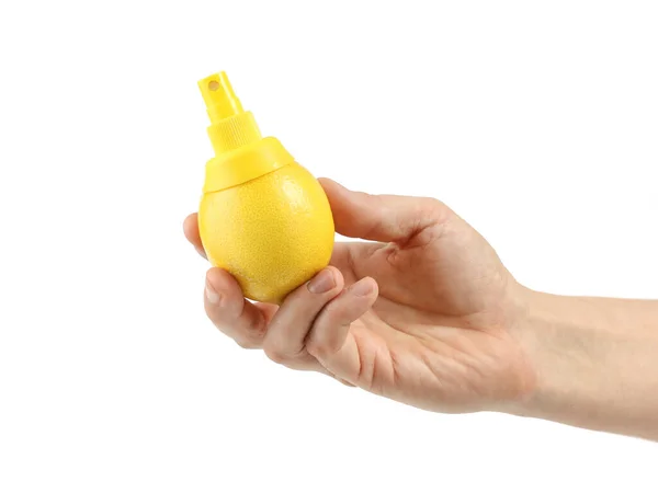 Tangan Memegang Lemon Segar Dengan Semprotan Jus Jeruk Terisolasi Pada Stok Gambar Bebas Royalti