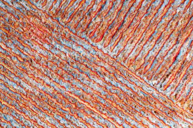 Doku arka planı, geometrik çizgiler, dikiş şiltesi, kumaş şeritli el yapımı yumuşak halı, yakın plan.