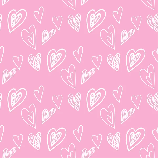 Aranyos doodle stílus fehér szív zökkenőmentes vektor minta piros háttér. Valentin nap kézzel írott háttér. — Stock Vector