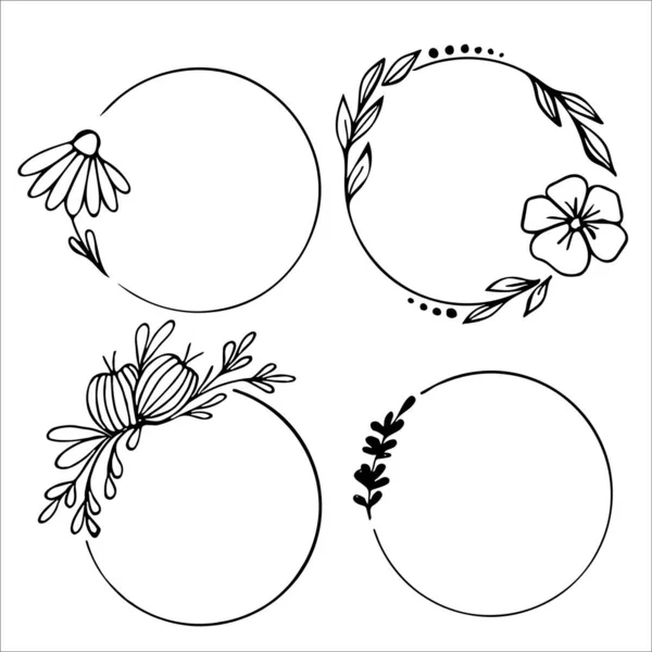 Набор ручной работы круглые каракули цветочные с листьями на белом фоне — стоковый вектор