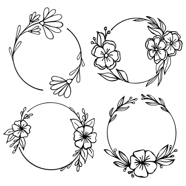 Set of hand drawn round doodle floral with leaves on white background — Stock Vector