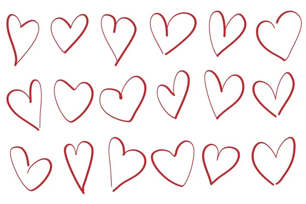 Collection set of hand drawn red doodle scribble hearts isolated on white background — Stockvector