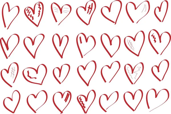Колекційний набір рук намальованих червоних каракулів серця ізольовані на білому тлі — стоковий вектор