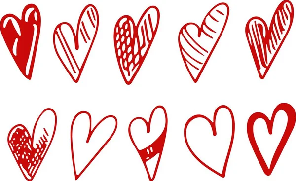 Collection set of hand drawn red doodle scribble hearts isolated on white background — Archivo Imágenes Vectoriales