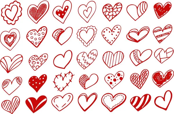 Collection set of hand drawn red doodle scribble hearts isolated on white background — Image vectorielle