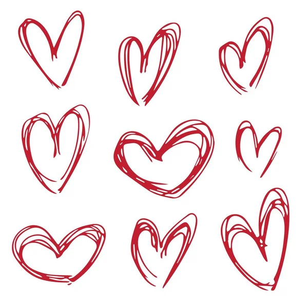 Collection set of hand drawn red doodle scribble hearts isolated on white background — Stock Vector