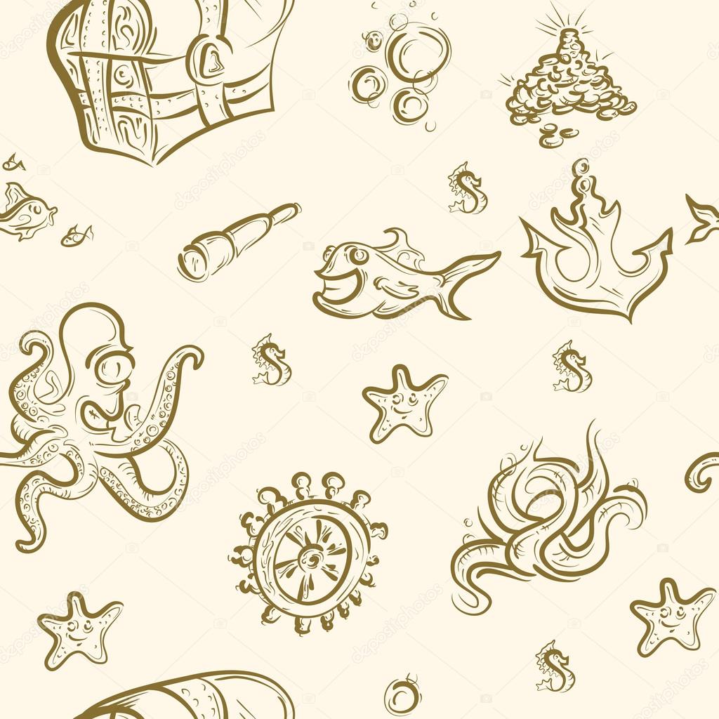 Seamless pattern. Sea doodle set