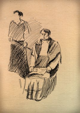 bir kadın bir kroki ile Vintage kağıt