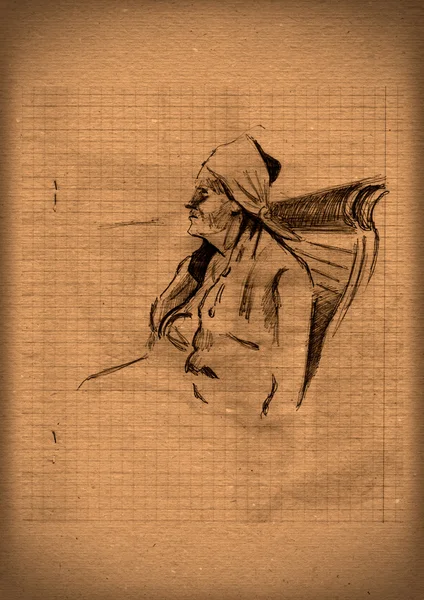 Vintage paper with a sketch of old woman — Stock Photo, Image