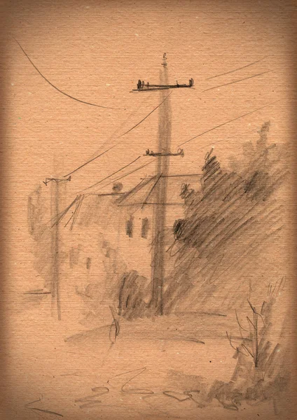 Vintage paper with a sketch of rural landscape — Stock Photo, Image