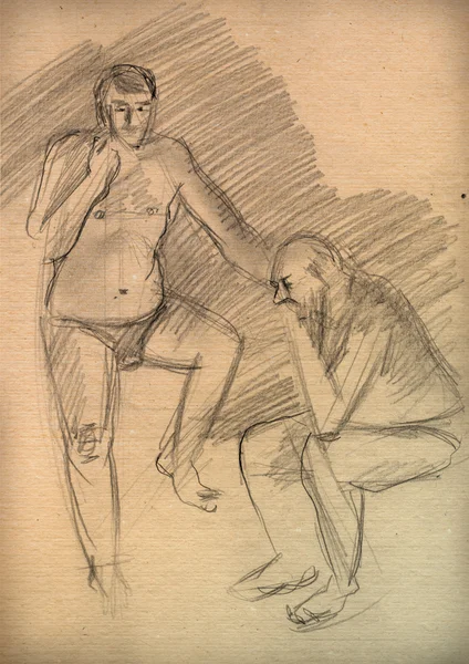 Altpapier mit einer Skizze von zwei Figuren — Stockfoto