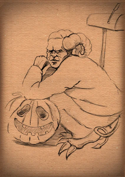 Vintage paper with a sketch of a demon with a pumpkin — Stock Photo, Image