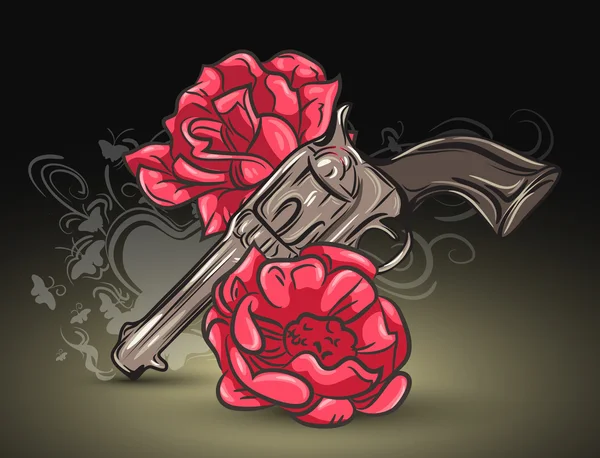 Пистолет и розы — стоковый вектор