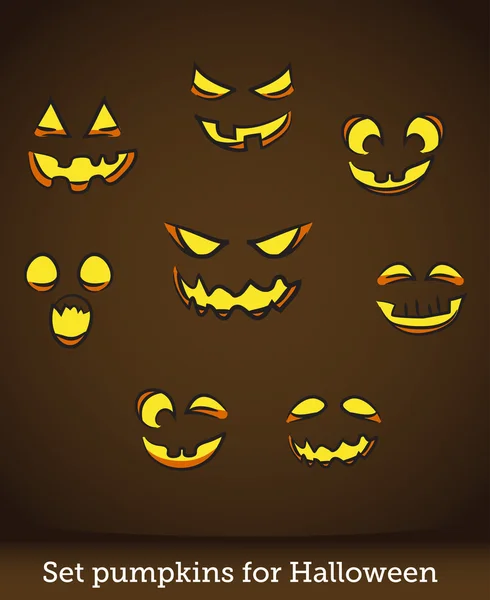 Jack o lantern pumpkin faces glowing on brown background — Stock Vector