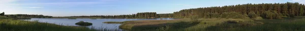 Panorama z niebieski niebo, drewno, jezioro i łąka — Zdjęcie stockowe