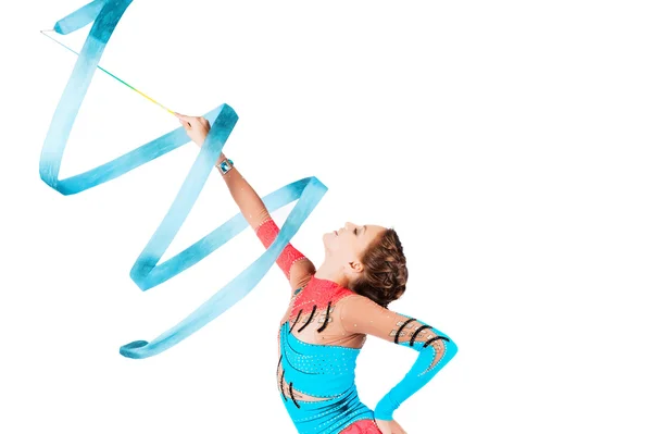 Chica gimnasta con una cinta azul —  Fotos de Stock