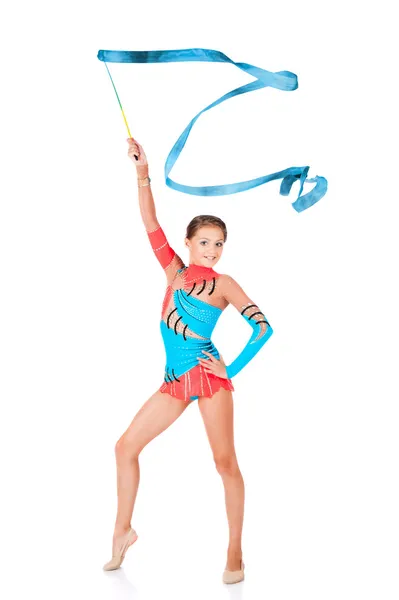Chica gimnasta con una cinta azul —  Fotos de Stock